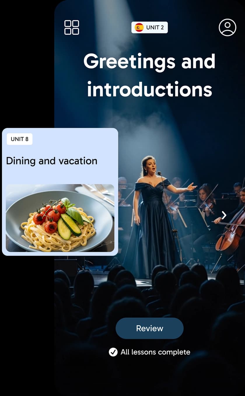 Captura de pantalla de la aplicación Rosetta Stone Sapphire que muestra una tarjeta de lección titulada «Saludos y presentaciones» de la Unidad 2 de español, con la imagen de una mujer con vestido de noche azul sobre un fondo oscuro, y una tarjeta de lección titulada «Comidas y vacaciones» de la Unidad 8, con la imagen de un plato de pasta con verduras.