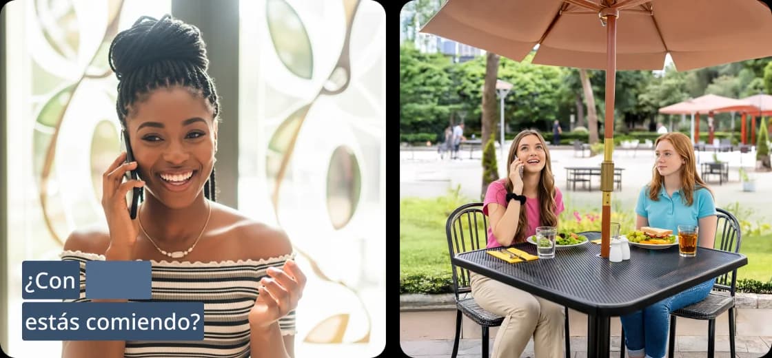 Pantallas de la aplicación de Rosetta Stone que muestran actividades de lecciones cortas de expresión oral, lectura, audición y escritura, con la frase en español '¿Con estás comiendo?' visible.