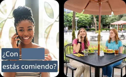 Pantallas de la aplicación de Rosetta Stone que muestran actividades de lecciones cortas de expresión oral, lectura, audición y escritura, con la frase en español '¿Con estás comiendo?' visible.