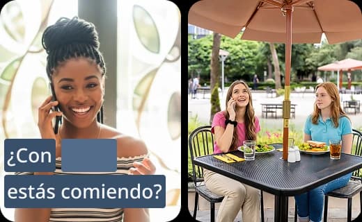 Pantallas de la aplicación de Rosetta Stone que muestran actividades de lecciones cortas de expresión oral, lectura, audición y escritura, con la frase en español '¿Con estás comiendo?' visible.