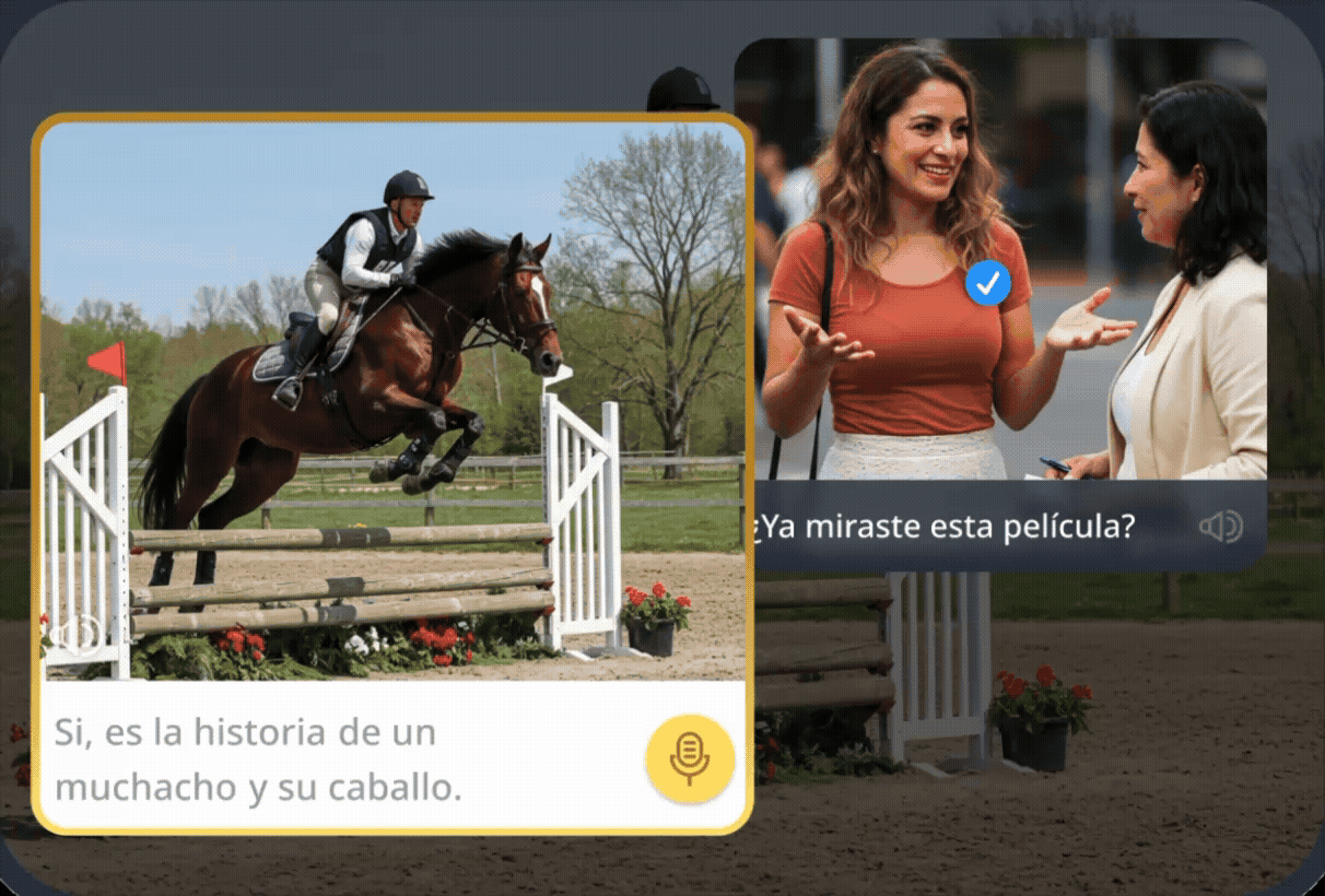 Un ejercicio de conversación que muestra una escena de un caballo saltando una valla junto a dos mujeres hablando, con burbujas de diálogo en español, que simula una conversación bidireccional con un hablante nativo.