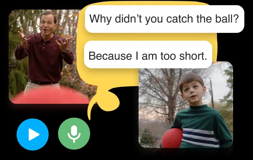 Imágenes de un hombre y un niño conversando sobre atrapar una pelota