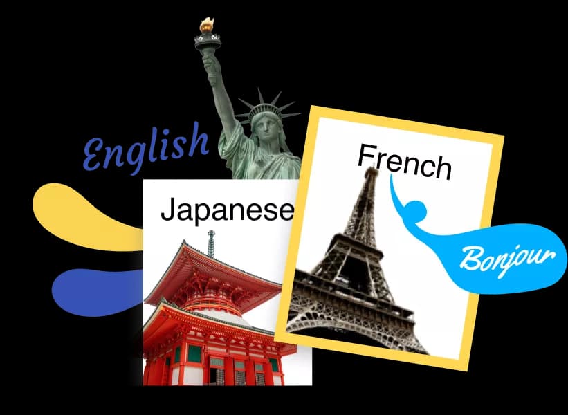 Mosaicos de selección de idioma de Rosetta Stone para inglés, japonés y francés