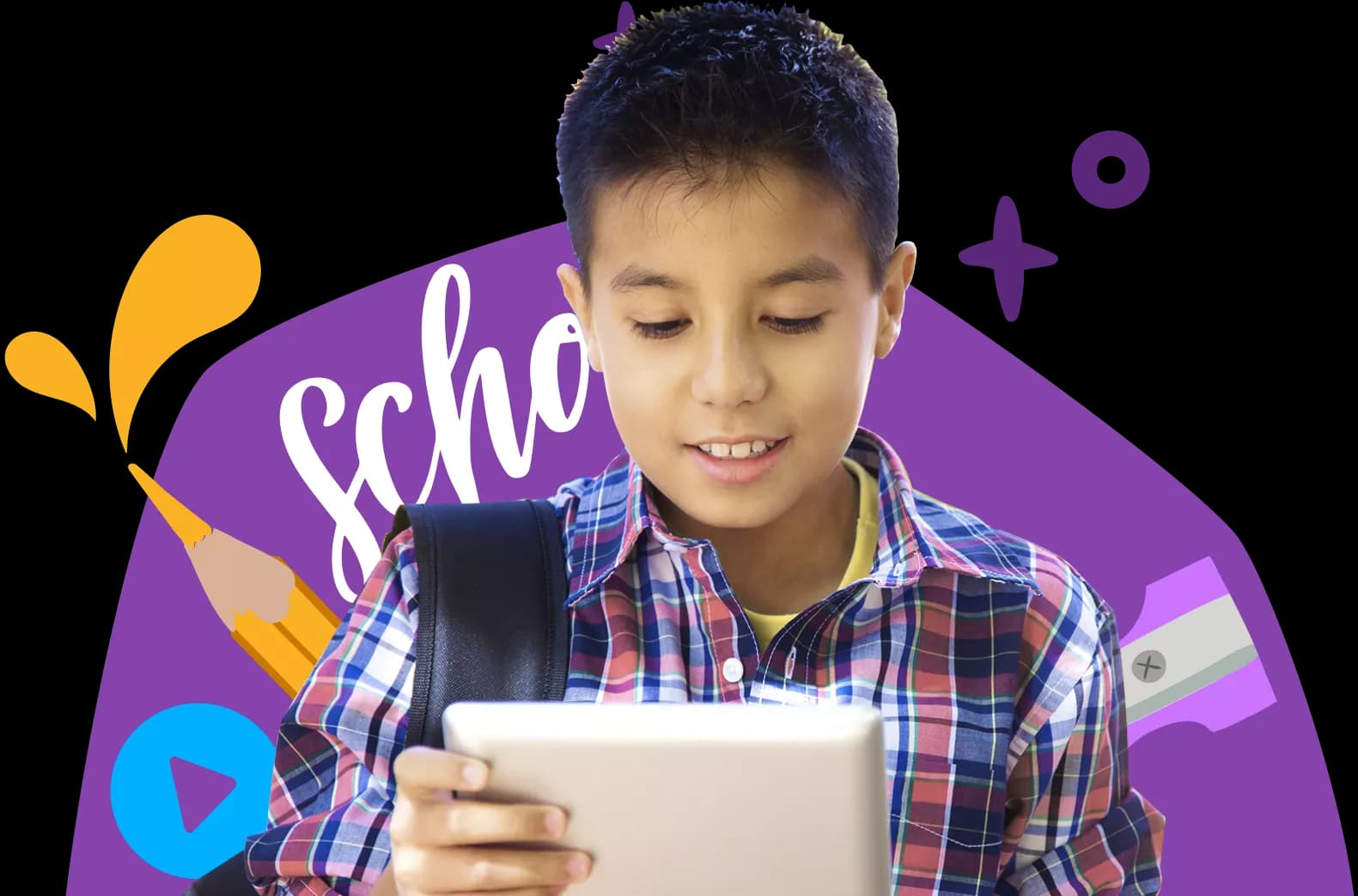 Un niño de primaria usando Rosetta Stone en una tableta