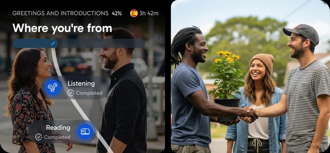 Interfaz de la aplicación Rosetta Stone que muestra una lección de "¿De dónde eres?" con indicadores de progreso para escuchar y leer, junto a una foto de personas conversando al aire libre.