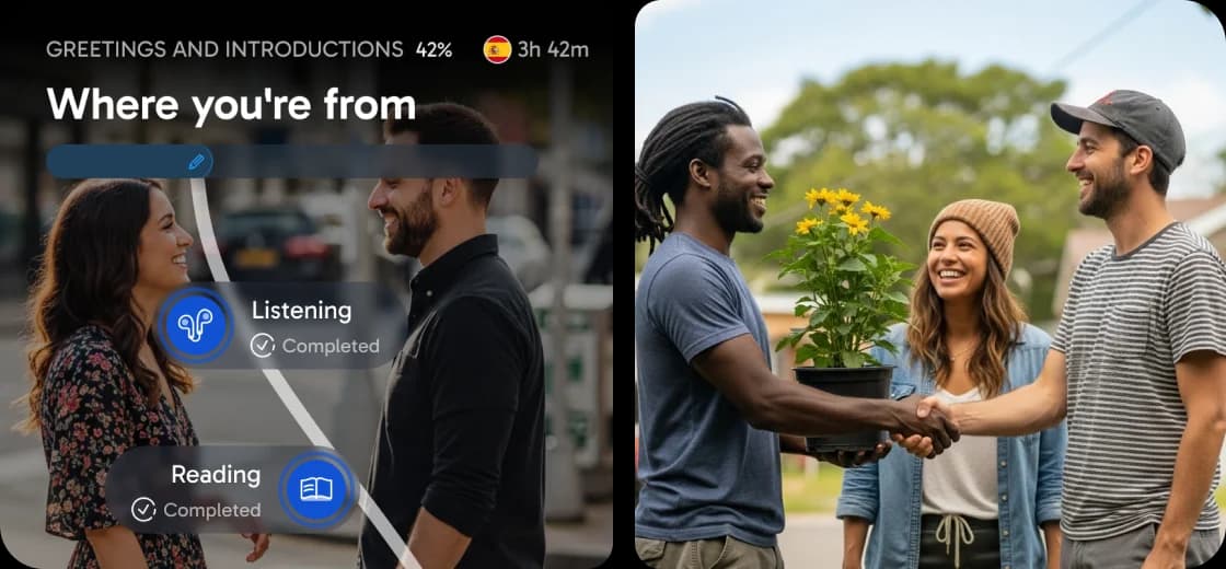 Interfaz de la aplicación Rosetta Stone que muestra una lección de "¿De dónde eres?" con indicadores de progreso para escuchar y leer, junto a una foto de personas conversando al aire libre.