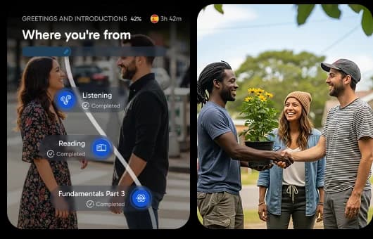 Interfaz de la aplicación Rosetta Stone que muestra una lección de "¿De dónde eres?" con indicadores de progreso para escuchar y leer, junto a una foto de personas conversando al aire libre.