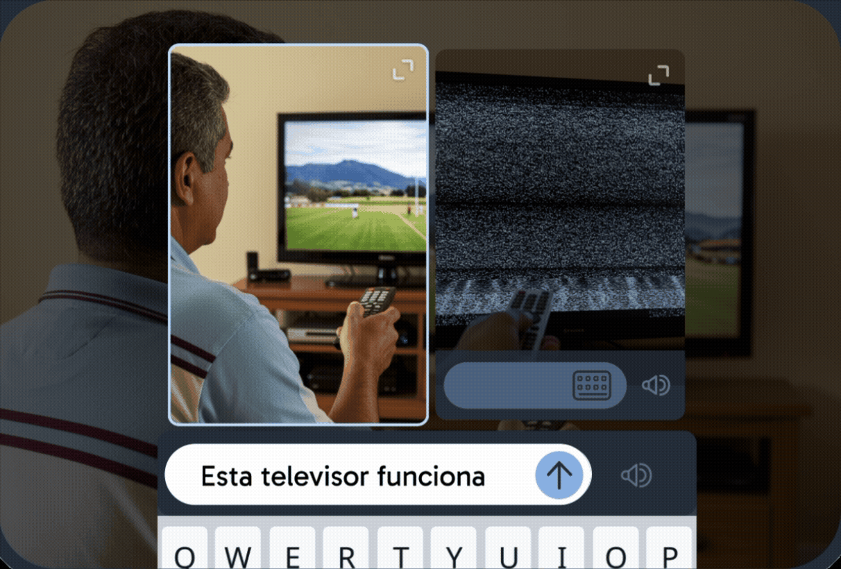 Un ejercicio de lectura y escritura que muestra a una persona viendo televisión, con un campo de entrada de texto y un teclado en pantalla debajo, lo que le pide al estudiante que escriba una palabra o frase en su idioma de destino.