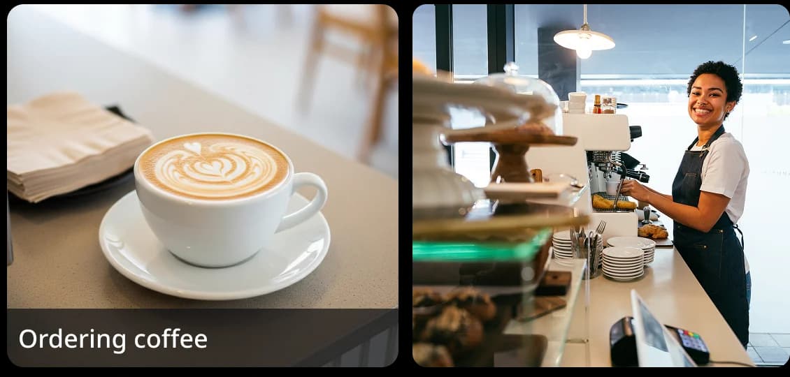 Dos imágenes lado a lado: una taza de café con arte latte y un barista en un mostrador, que representan un escenario de práctica de conversación de la vida real de "pedir un café" en Rosetta Stone.