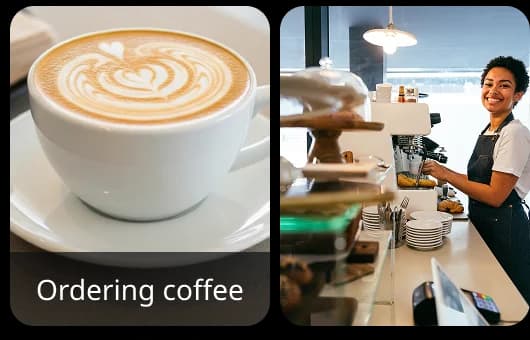 Dos imágenes lado a lado: una taza de café con arte latte y un barista en un mostrador, que representan un escenario de práctica de conversación de la vida real de "pedir un café" en Rosetta Stone.