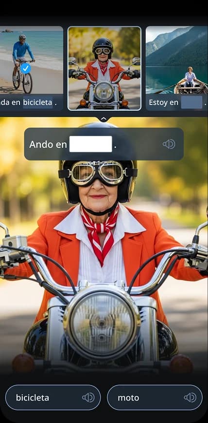 Aplicación móvil de Rosetta Stone que muestra un ejercicio de memoria de imágenes con fotos de un hombre en una bicicleta, una mujer en una motocicleta y otra mujer en un bote, con palabras de vocabulario en español debajo.