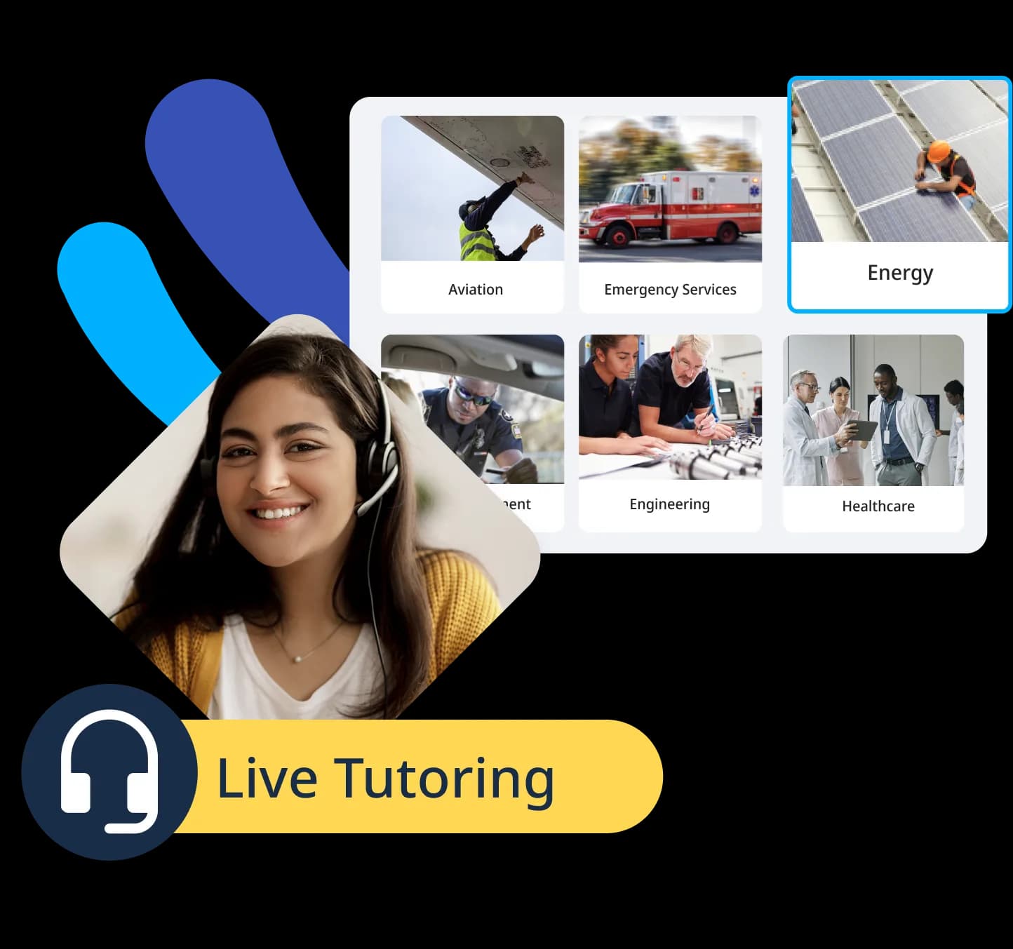 Collage of industry-specfic courses in Rosetta Stone for Enterprise and a female language tutor