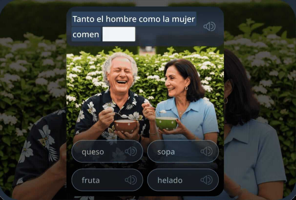 Un ejercicio de vocabulario que muestra a dos adultos mayores cenando al aire libre, con una oración en español para completar arriba y mosaicos de elección de palabras debajo, enseñando gramática en un contexto de la vida real.